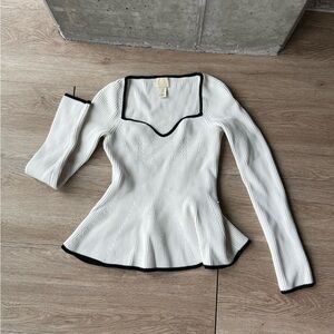 White Long Sleeve Ribbed Top with Black Trim